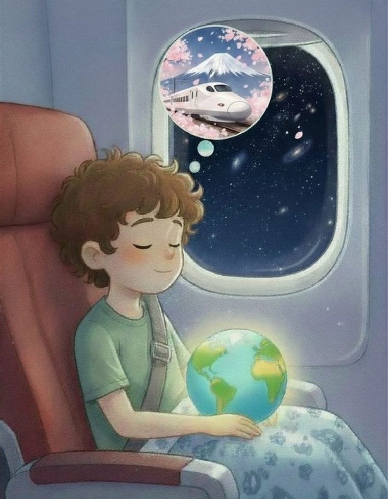 Atlas asleep on a plane holding his globe, dreaming of Japan