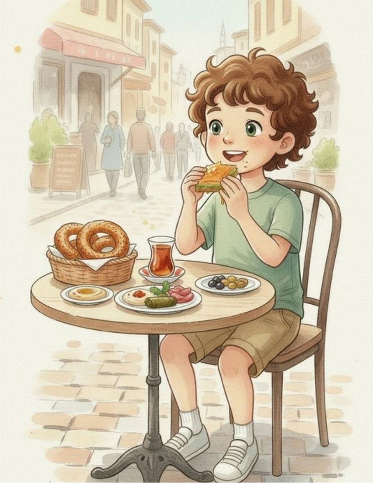 Atlas enjoying simit and baklava at a café in Istanbul